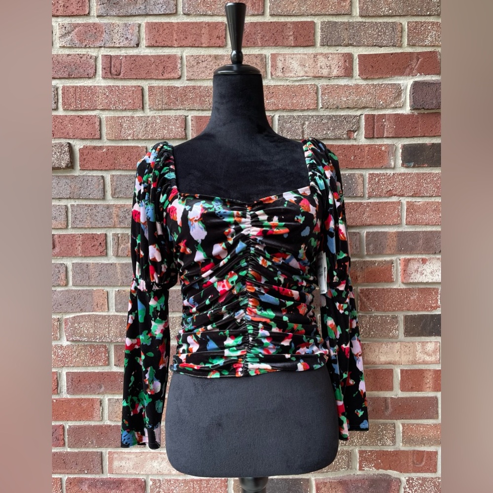 NWT Open EDIT Nordstrom Long Sleeve Corset Blouse Top Floral Black Small S